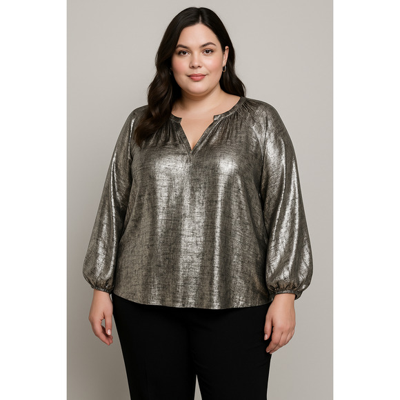 Old Navy Silver Metallic V-Neck Blouse XXL Holiday Party Top Glam Y2K Sparkle - Picture 1 of 8